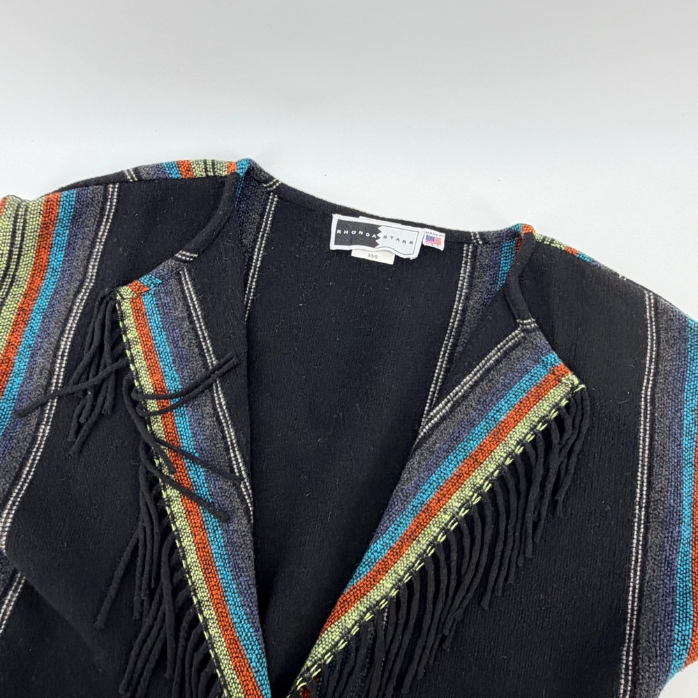 Vintage Rhonda Stark Southwestern Fringe Vest Black Multi Stripe Wool XS/S‎ USA